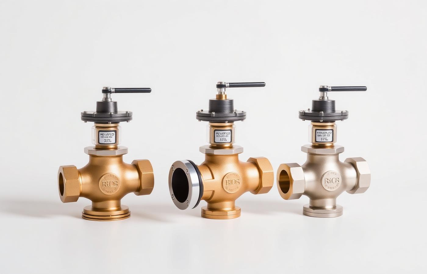 A row of brass backflow preventer assemblies